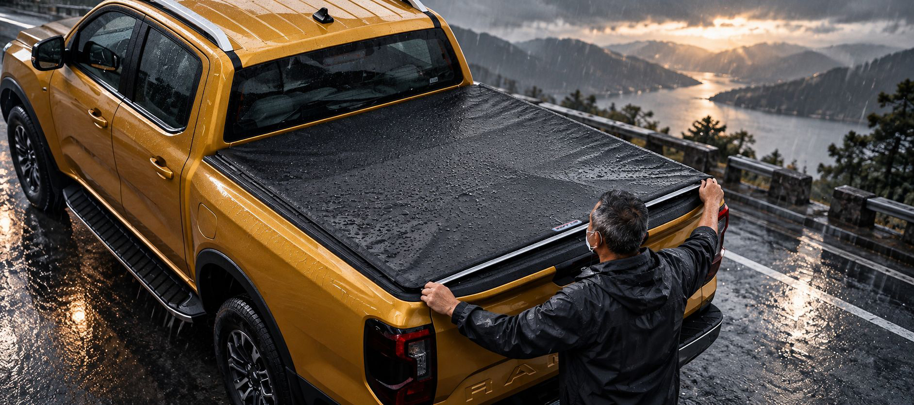 Man pulling the CB-743 Softlid closed over the tray of a yellow Ford Ranger in heavy rain on a mountain road