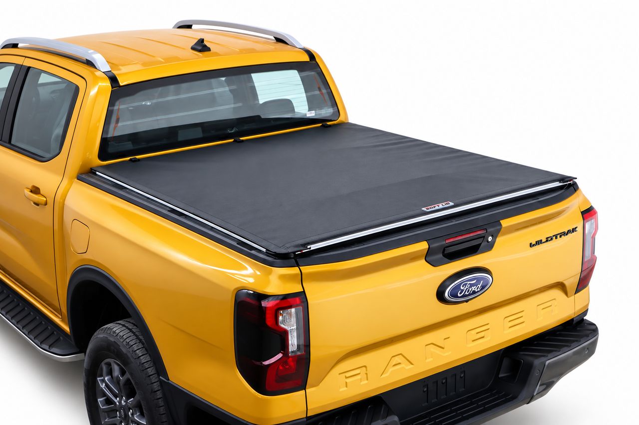 Softlid fully closed over the tray of a yellow Ford Ranger Wildtrak