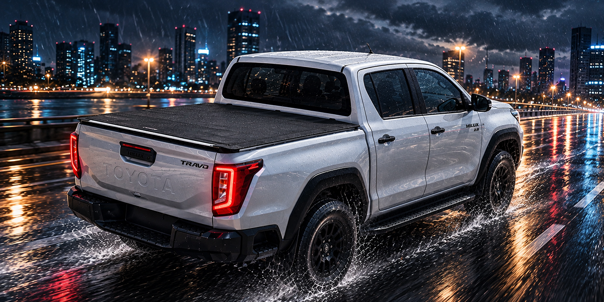 Toyota Hilux Travo with the CARRYBOY CB-743 Softlid driving through rain in the city at night