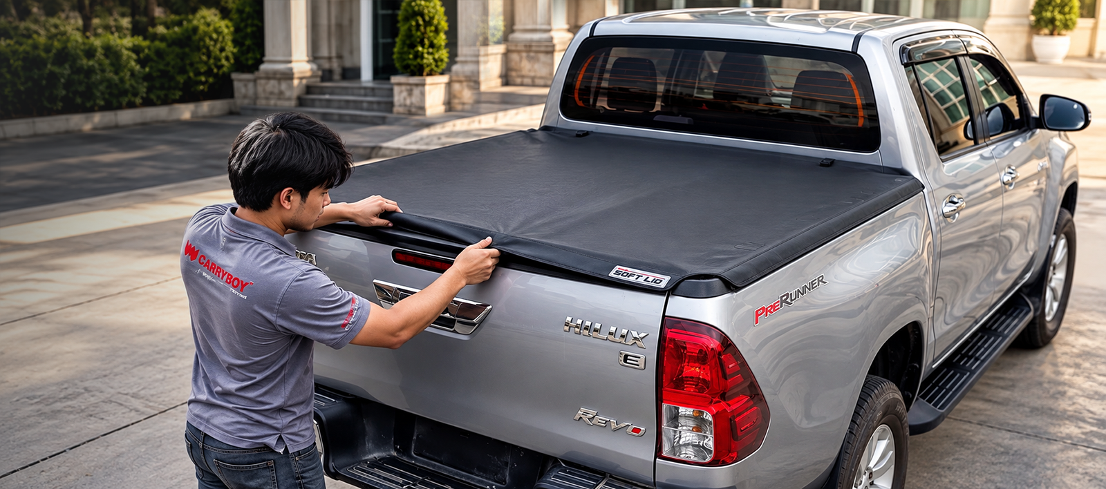CARRYBOY Softlid Lite: a man fitting the soft cover to a silver Toyota Hilux Revo by himself