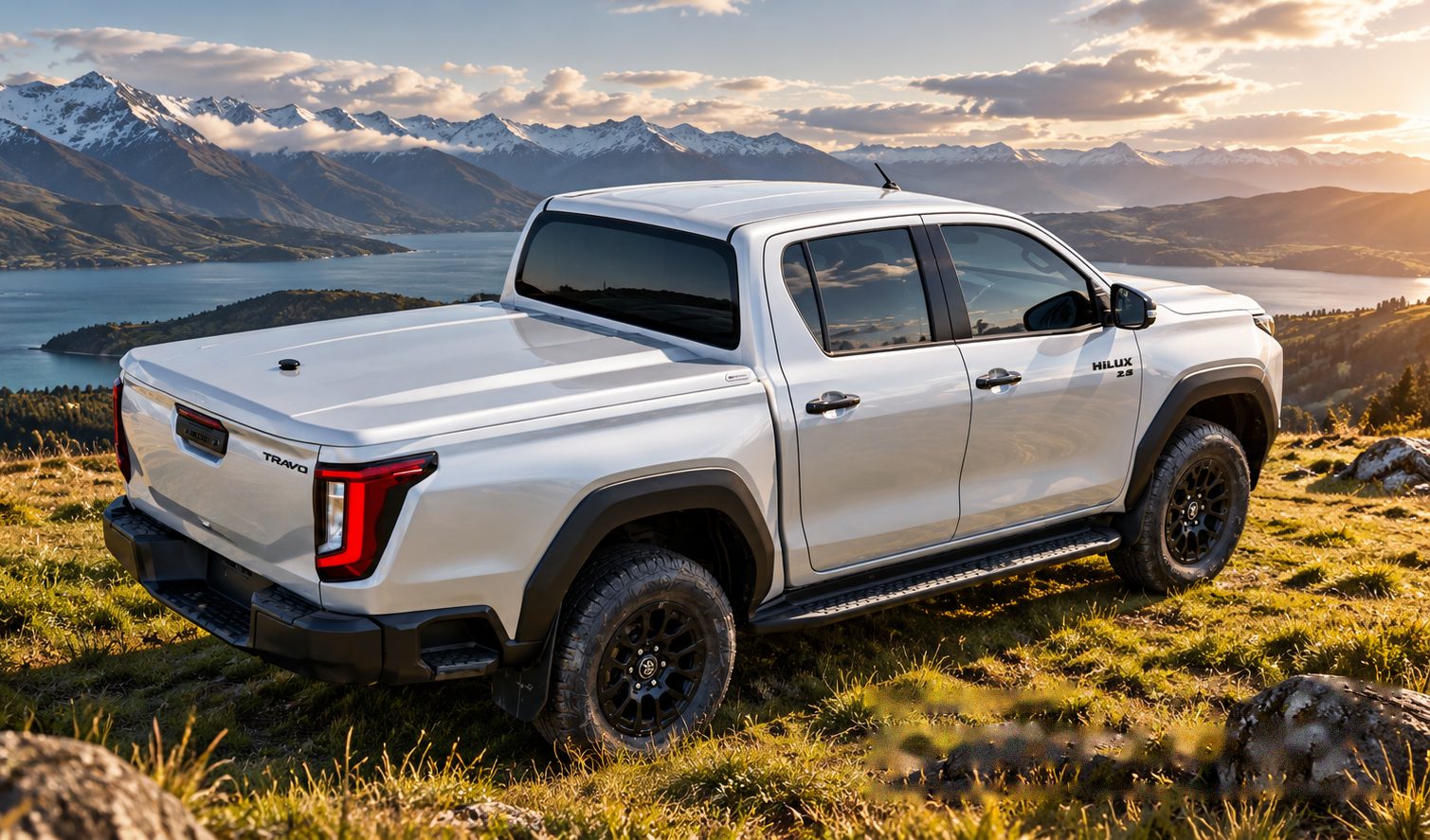 Toyota Hilux Travo fitted with a white CARRYBOY Sport Lid SV, parked on a hillside above a mountain lake
